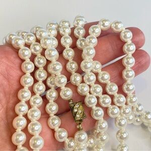 Vintage Mid Century Japan Hand Knotted Faux Pearl 60" Long Jewel Clasp Necklace